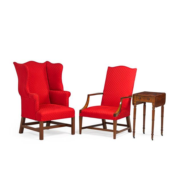 Appraisal: FEDERAL STYLE FURNITURE Upholstered wing chair and open armchair together