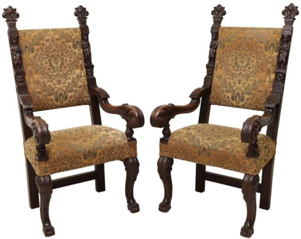 Appraisal: pair Italian Renaissance Revival carved walnut throne chairs th c