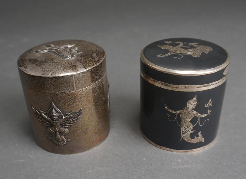 Appraisal: Two Thai Sterling Silver Cylindrical Canisters One Niello Decorated with