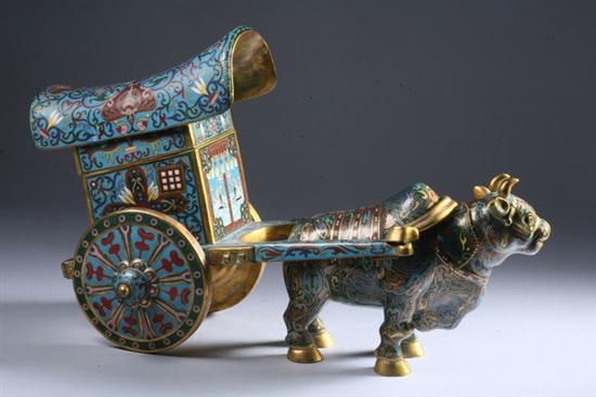 Appraisal: CHINESE CLOISONN ENAMEL CHARIOT AND BUFFALO - in long PROVENANCE