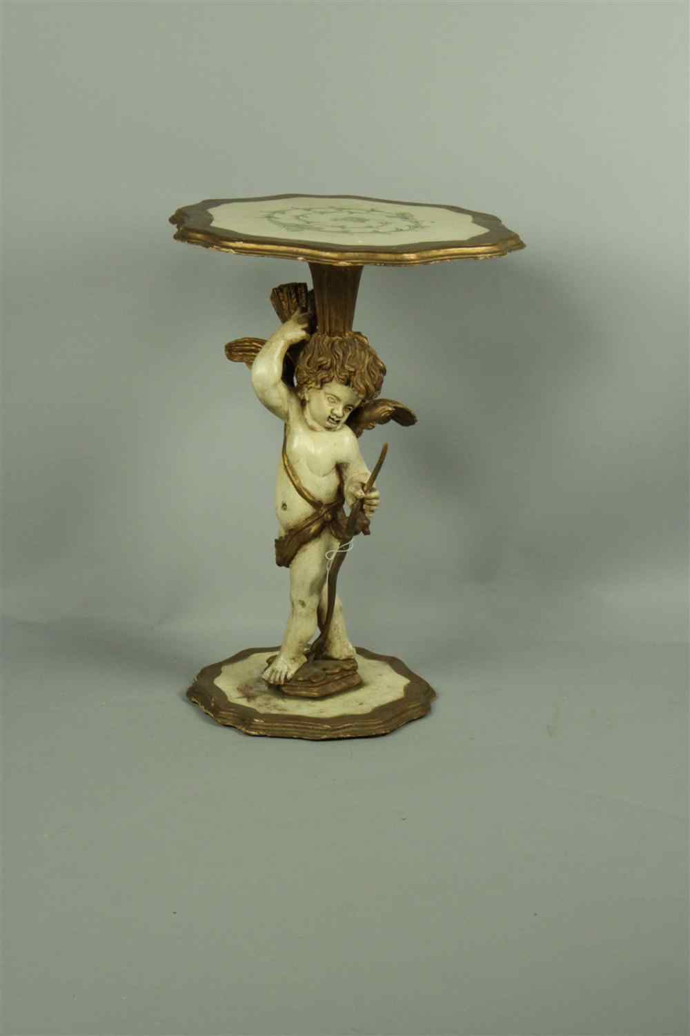 Appraisal: SMALL ITALIAN FLORENTINE PAINTED SIDE TABLE WITH CUPID SUPPORT with