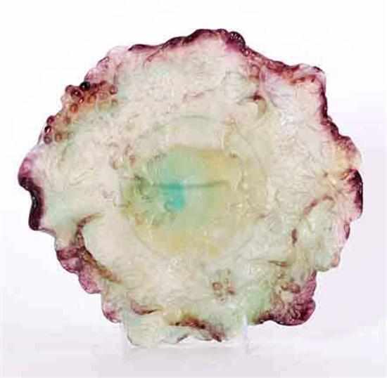 Appraisal: Daum Nancy pate-de-verre dish chartreuse and amethyst grapevine molded body