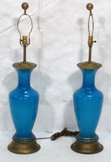 Appraisal: Pr Tall Marbro style Aqua Glass Urn Table Lamps Gilt