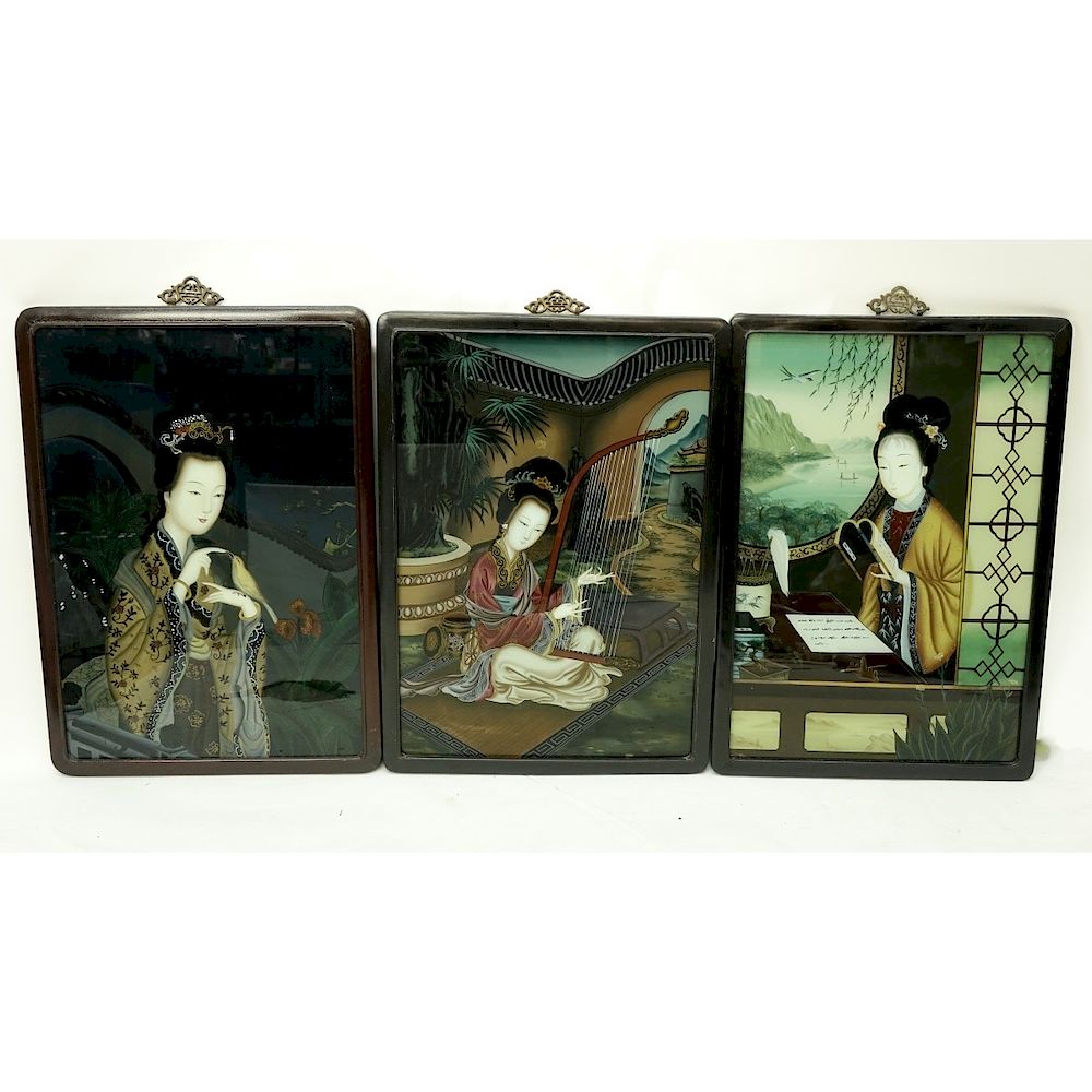 Appraisal: Chinese Reverse Painted Glass Three Vintage Chinese Reverse Painted Glass