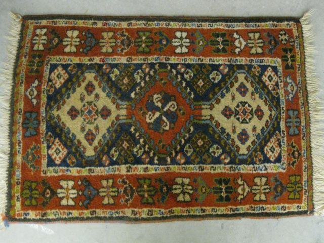 Appraisal: Hamadan Persian Handmade Mat trio of geometric medallions floral border