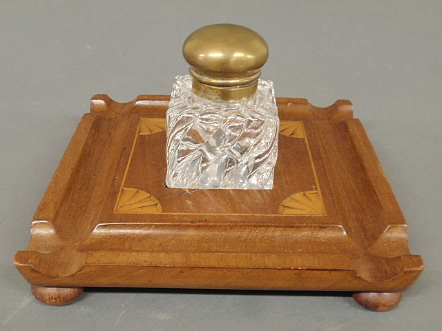 Appraisal: - Brass and crystal inkwell with an inlaid mahogany base