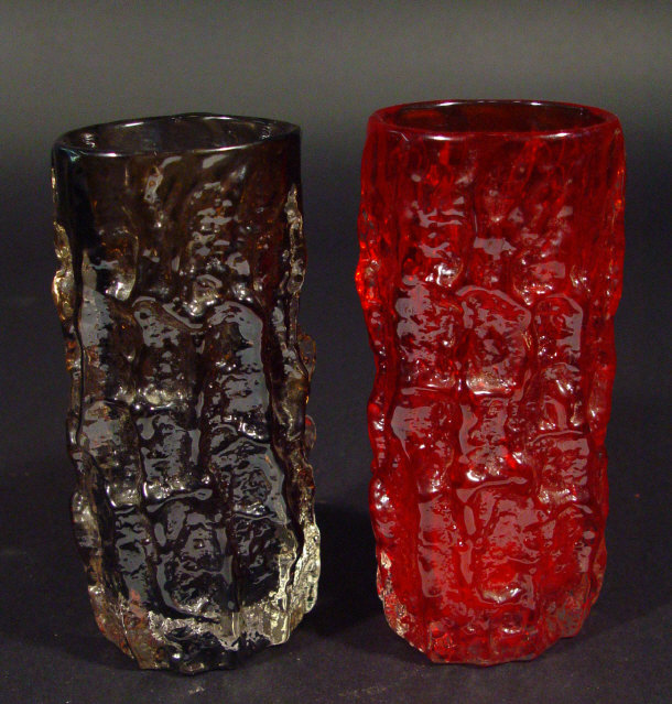 Appraisal: Two Whitefriars cylindrical glass bark vases one ruby and one