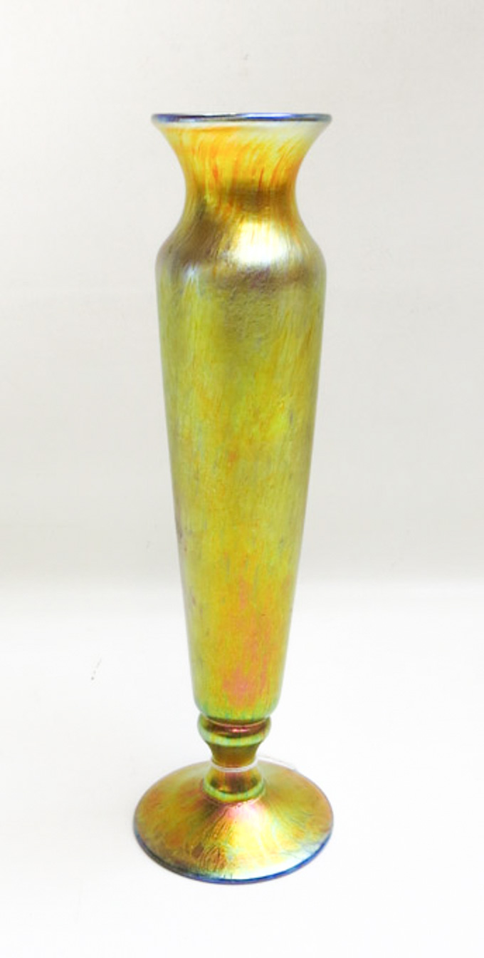 Appraisal: LUNDBERG STUDIOS IRIDESCENT ART GLASS VASE Dore design tall footed