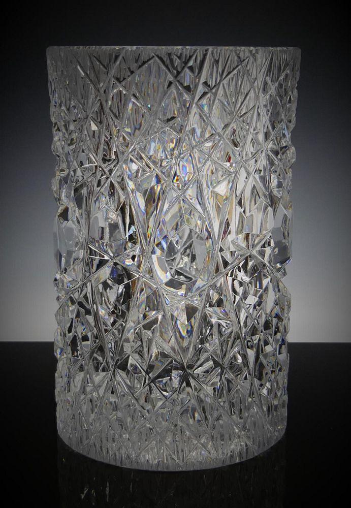 Appraisal: ARTIST SIGNED CZECH CUT CRYSTAL CYLINDER VASE Czechoslovakian cut crystal