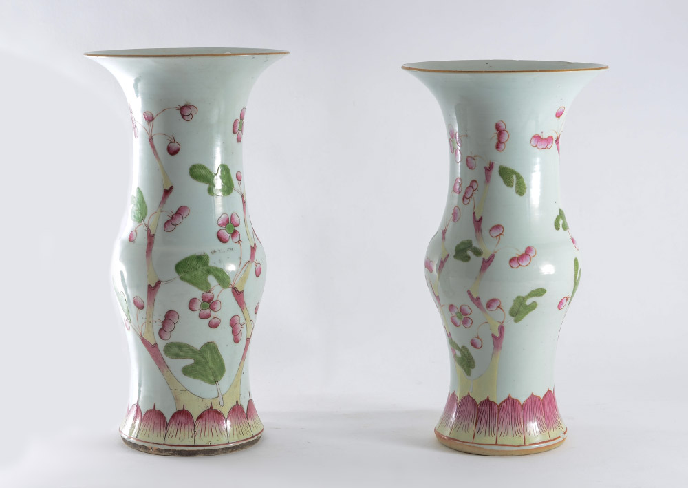 Appraisal: PAIR CHINESE FAMILLE ROSE CHERRY BLOSSOM VASES Similar but not