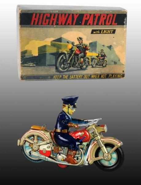 Appraisal: Tin Highway Patrol Motorcycle Battery-Op Toy Description Japanese Working Scarce