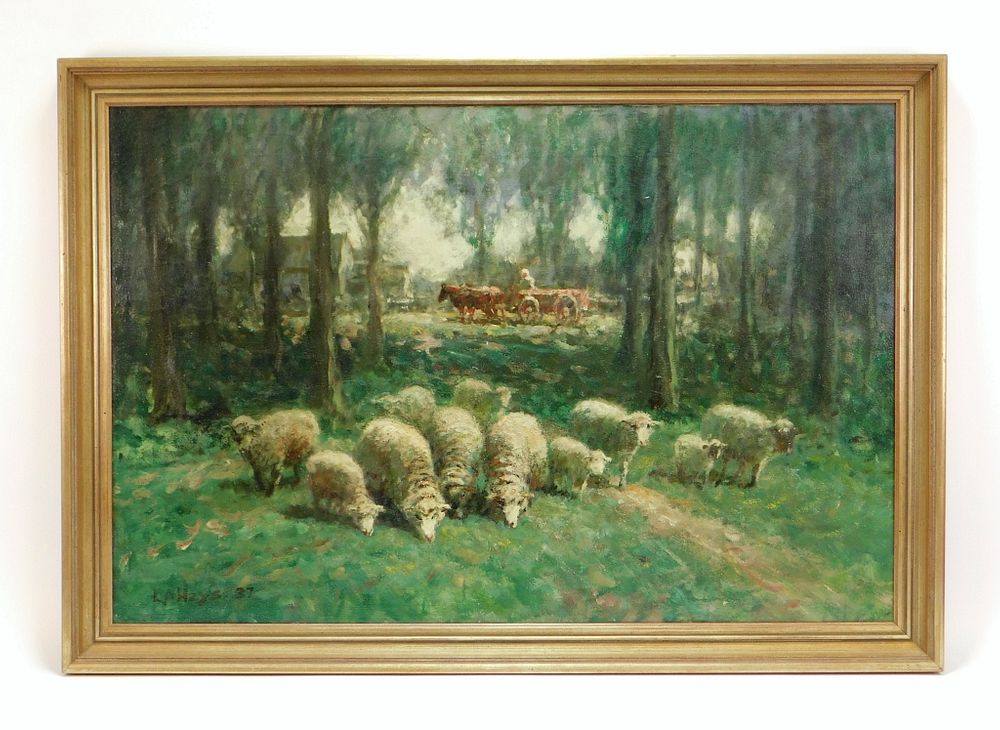 Appraisal: Manor of G A Hays Impressionist Sheep Painting United States