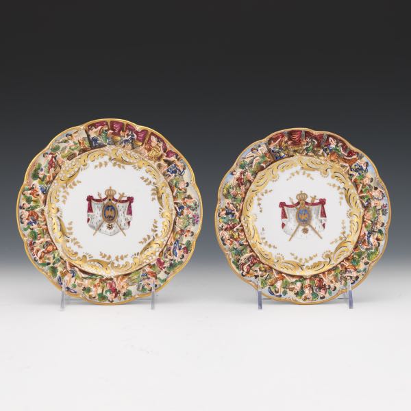 Appraisal: TWO OF CAPODIMONTE PORCELAIN ARMORIAL PLATES AU ROI DE ROME