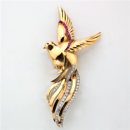 Appraisal: Gold Platinum Synthetic Ruby and Diamond Bird Brooch Estimate -