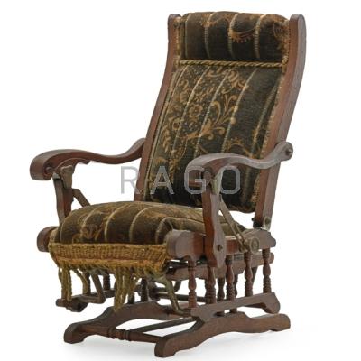 Appraisal: AMERICAN SALESMAN s SAMPLE PLATFORM ROCKER Walnut frame original velvet