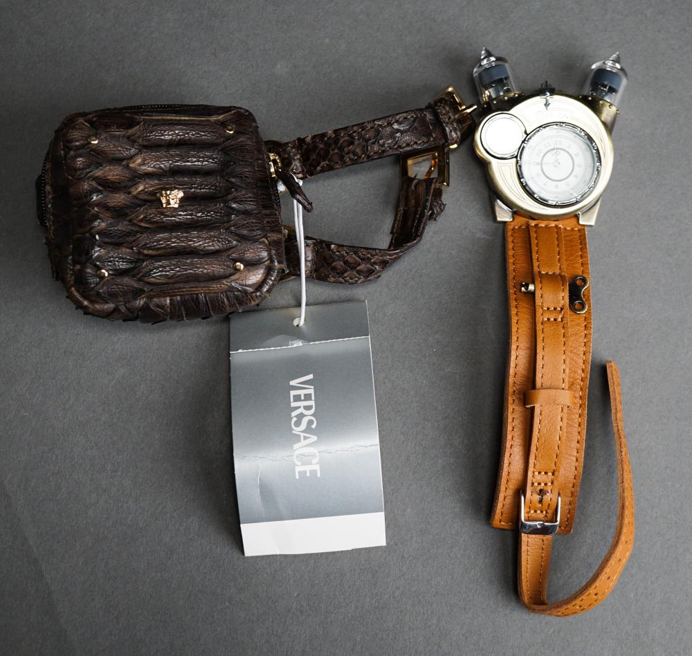 Appraisal: THINKGEEK 'TESLA' WATCH AND VERSACE BROWN LEATHER WRIST PURSEThinkgeek 'Tesla'