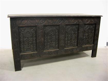 Appraisal: English carved oak coffer th century The rectangular hinged top