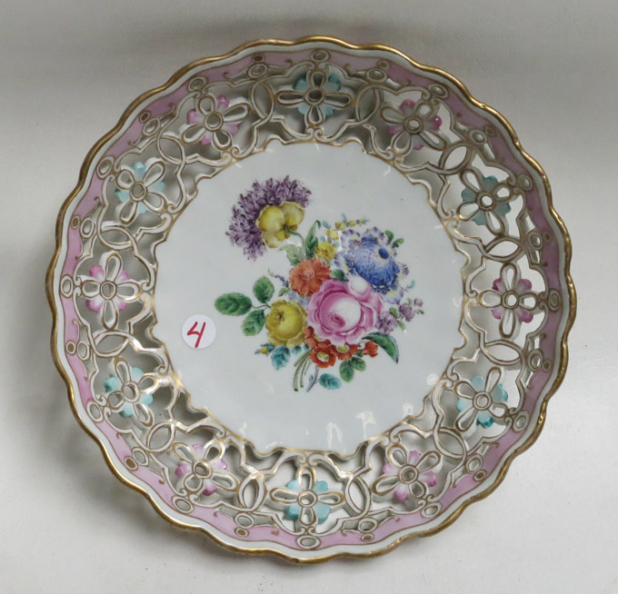 Appraisal: MEISSEN PORCELAIN RETICULATED BOWL with hand painted floral reserve and