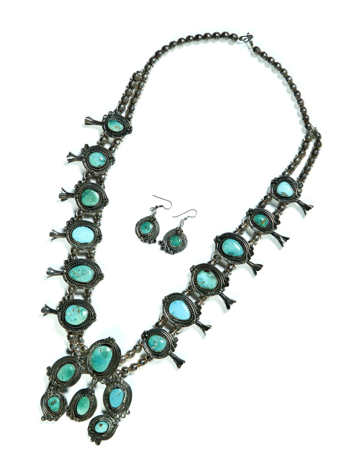 Appraisal: TURQUOISE SQUASH BLOSSOM NECKLACE AND EARRINGS Native American th century