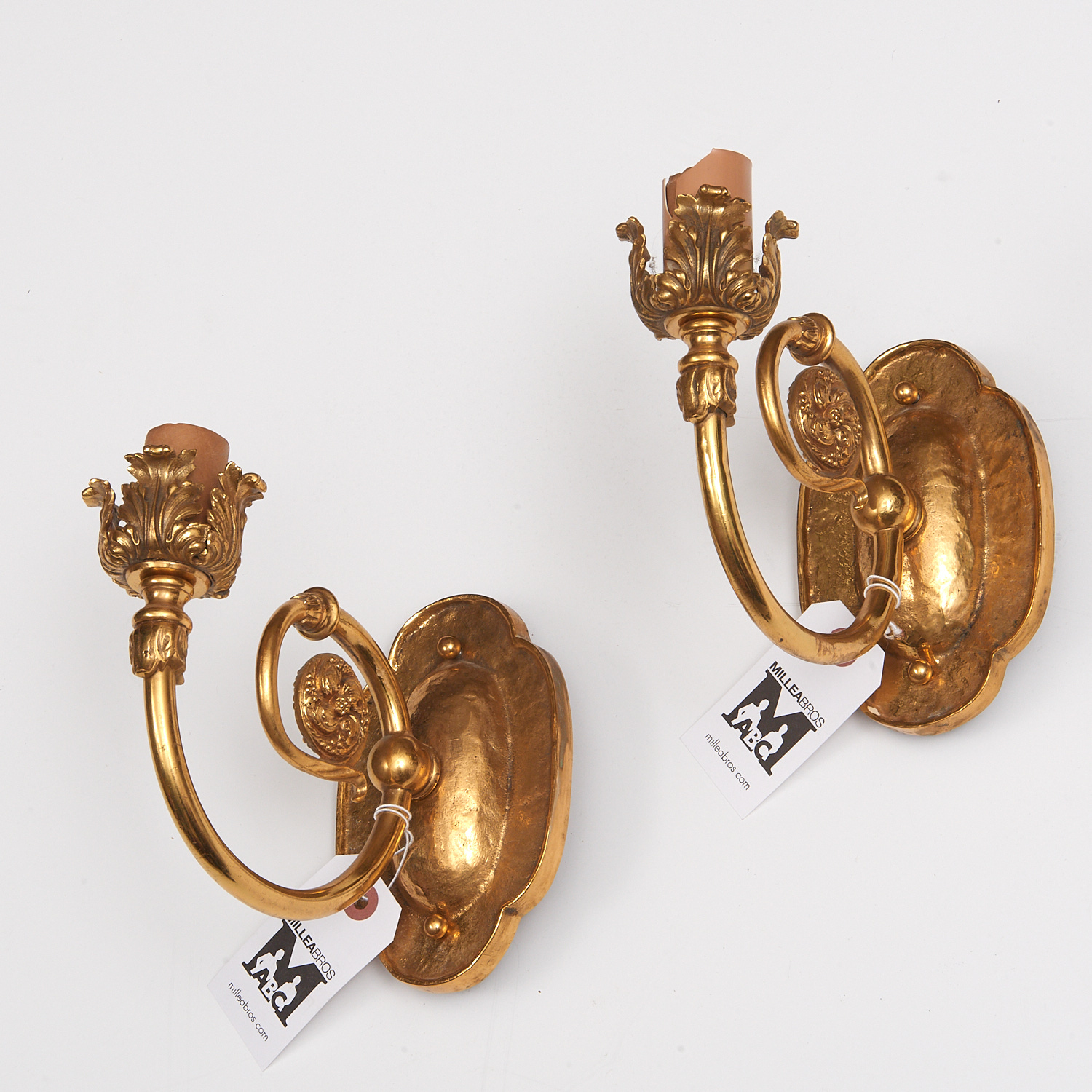 Appraisal: PAIR FRENCH STYLE SCROLLED GILT METAL WALL SCONCES th c