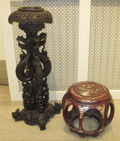 Appraisal: Indo-persian carved wood stand and Chinese stoolTall carved stand and