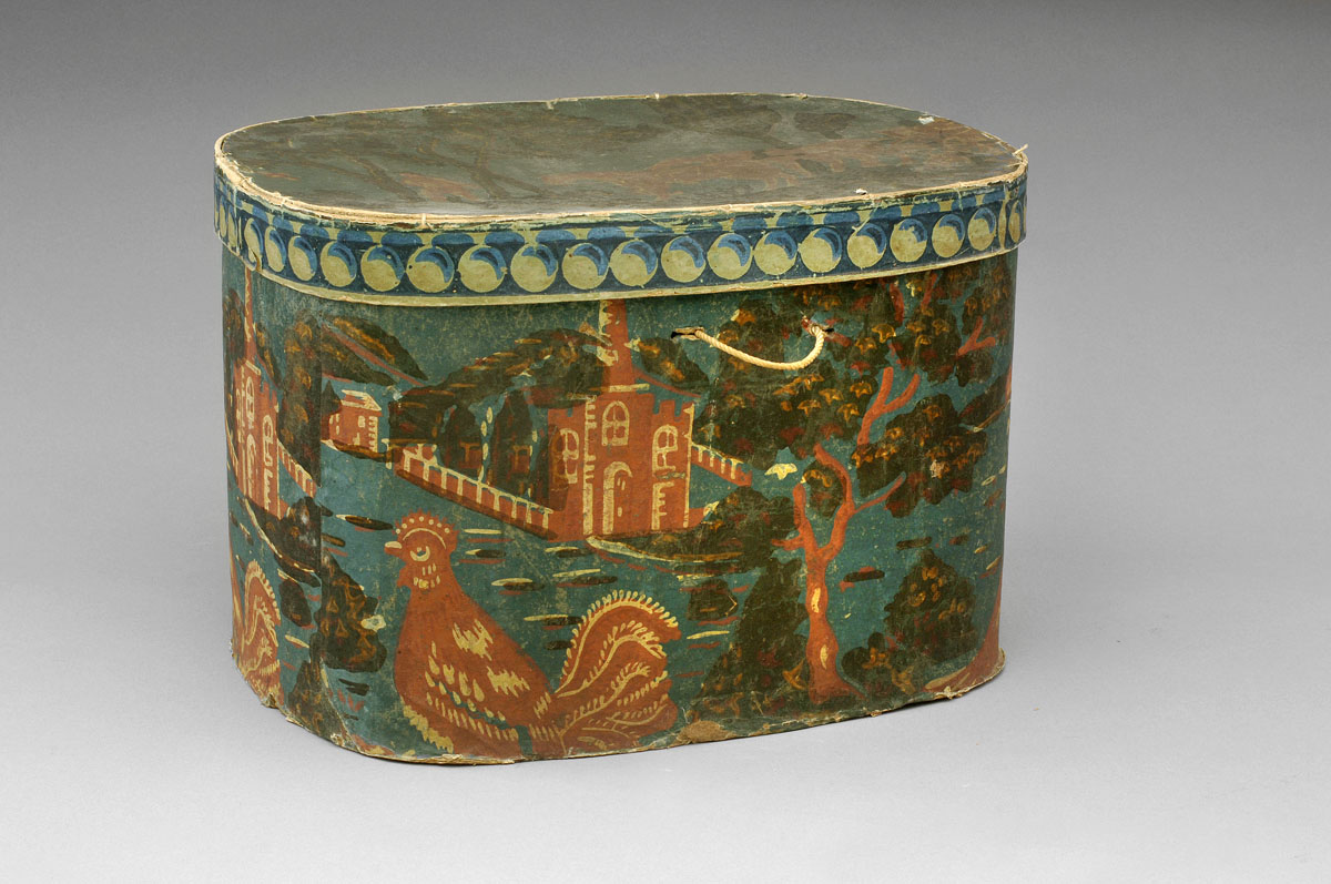 Appraisal: AMERICAN WALLPAPER COVERED HAT BOX DEPICTING A STATELY PASTORAL SCENE