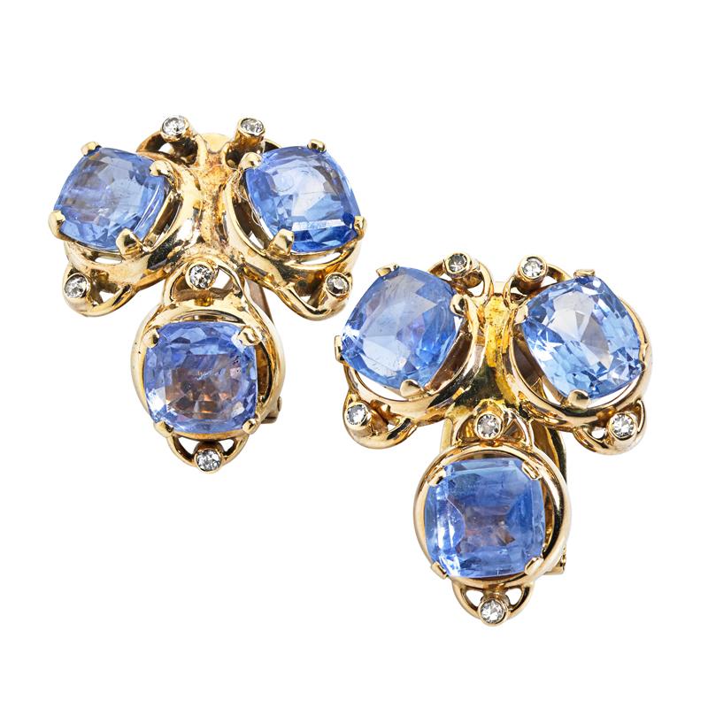 Appraisal: SAPPHIRE AND DIAMOND K GOLD EARRINGS Each ear clip a