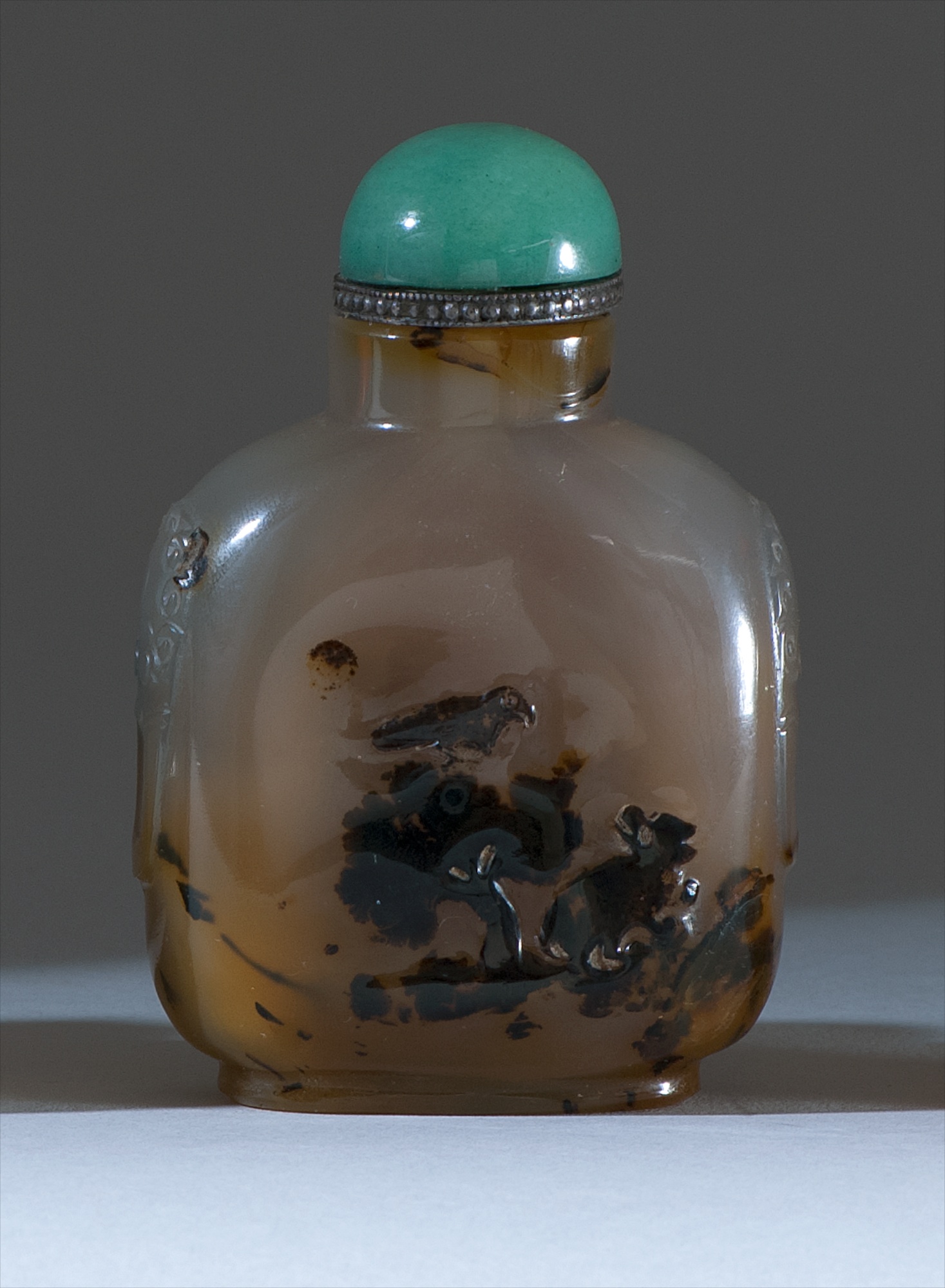 Appraisal: SHADOW AGATE SNUFF BOTTLE th CenturyIn square form Carved on