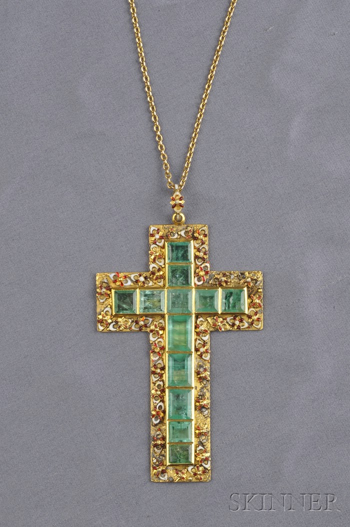 Appraisal: Antique High-Karat Gold Emerald and Enamel Pendant Cross bezel-set with