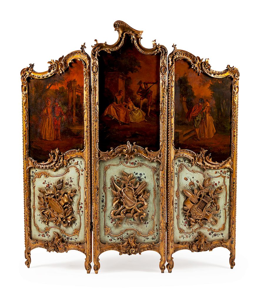 Appraisal: A Louis XV Style Carved Painted and Parcel Gilt Three-Panel