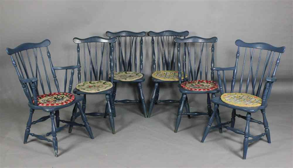 Appraisal: SET OF SIX BLUE PAINTED COMBBACK WINDSOR CHAIRS comprising arm