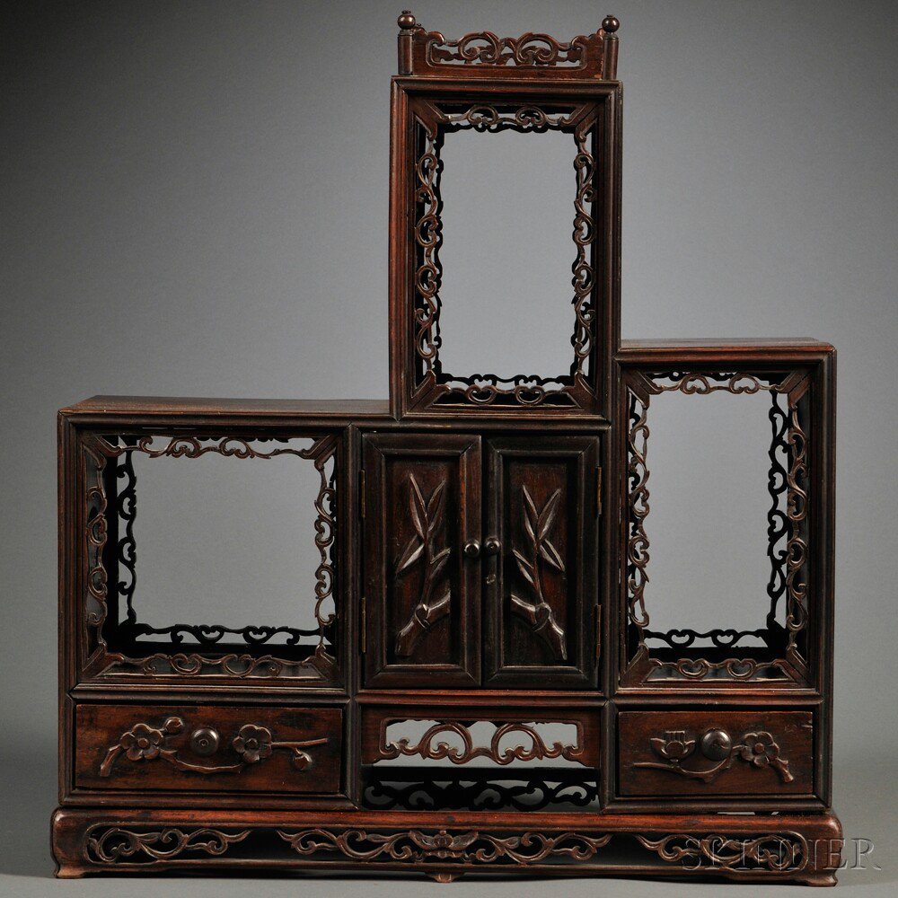 Appraisal: Wood Table-top Display Case China with stepped shelves and drawers