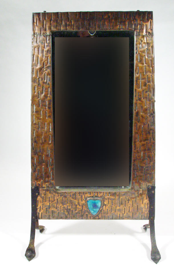 Appraisal: Arts Crafts copper framed mirror with blue glazed ceramic roundel