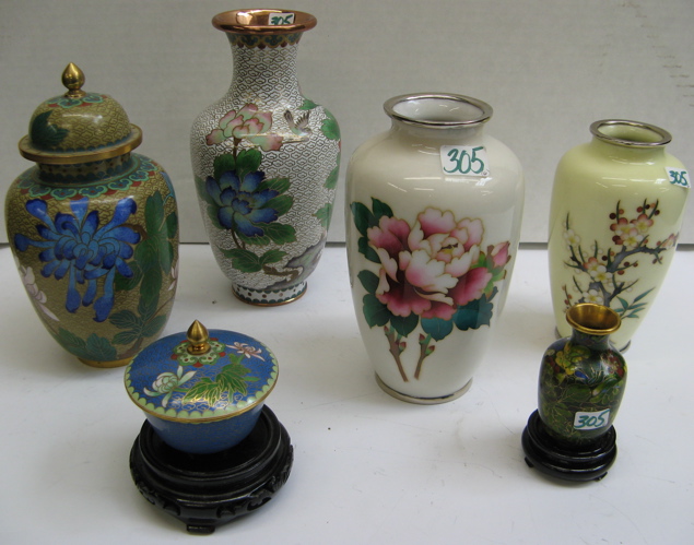 Appraisal: COLLECTION OF SIX CLOISONNE ENAMELED OBJECTS Japanese cloisonne vases one