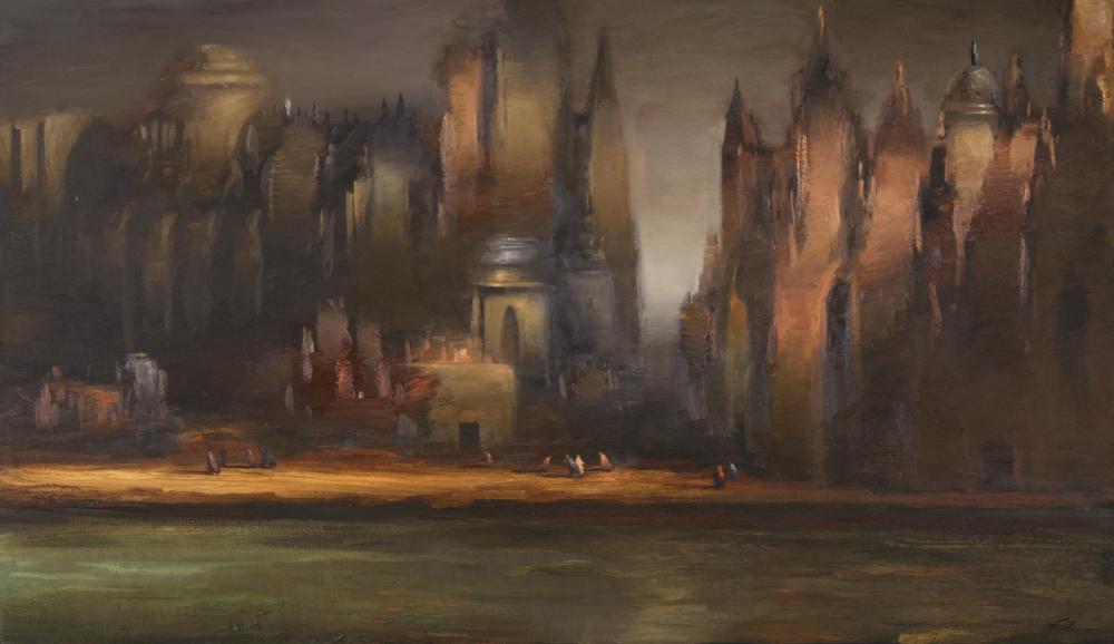 Appraisal: RAY TURNER California born oil on canvas ancient cityscape with