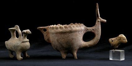 Appraisal: TWO EARLY PERSIAN ANIMAL-FORM VESSELS TOGETHER WITH A FRAGMENTARY TERRACOTTA