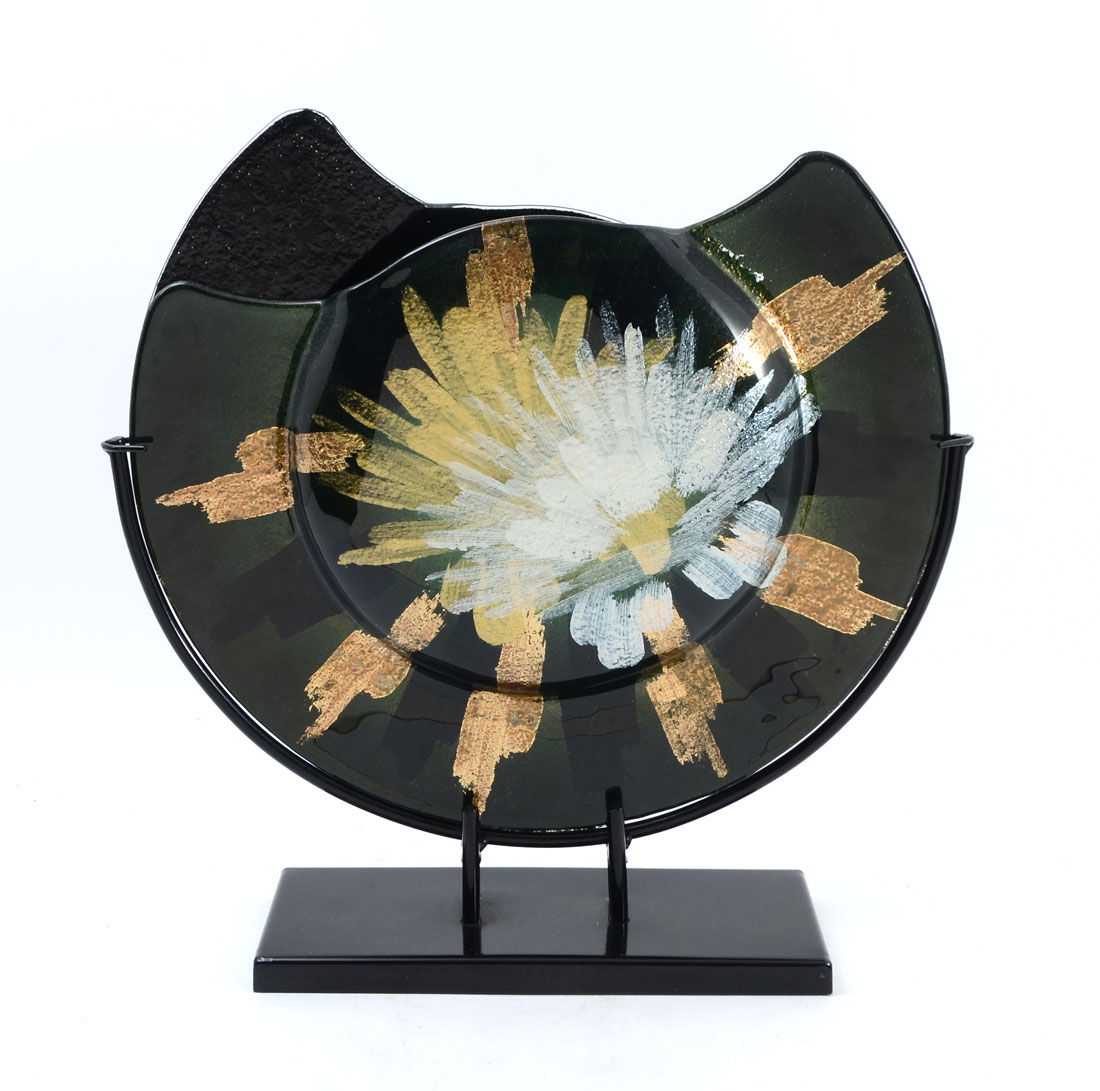 Appraisal: CONTEMPORARY GLASS CHARGER WITH STAND Unsigned reverse painted semi round