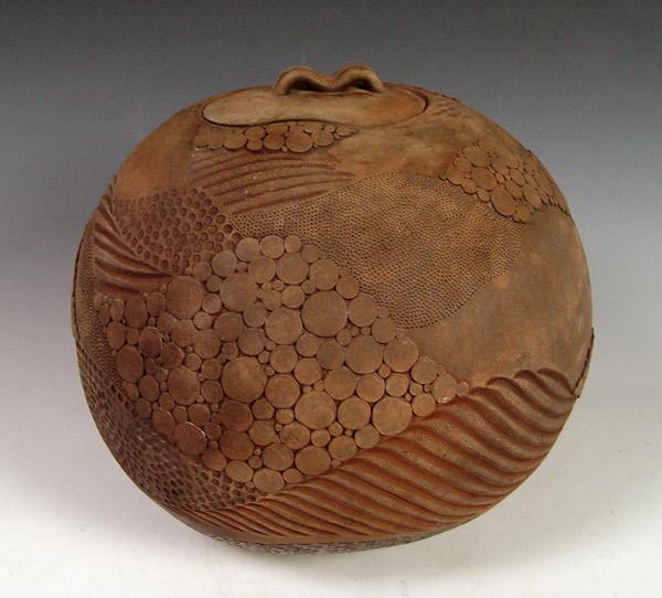 Appraisal: LARGE ROUND CLAY VESSEL MARKED KAWATTE With lid '' h