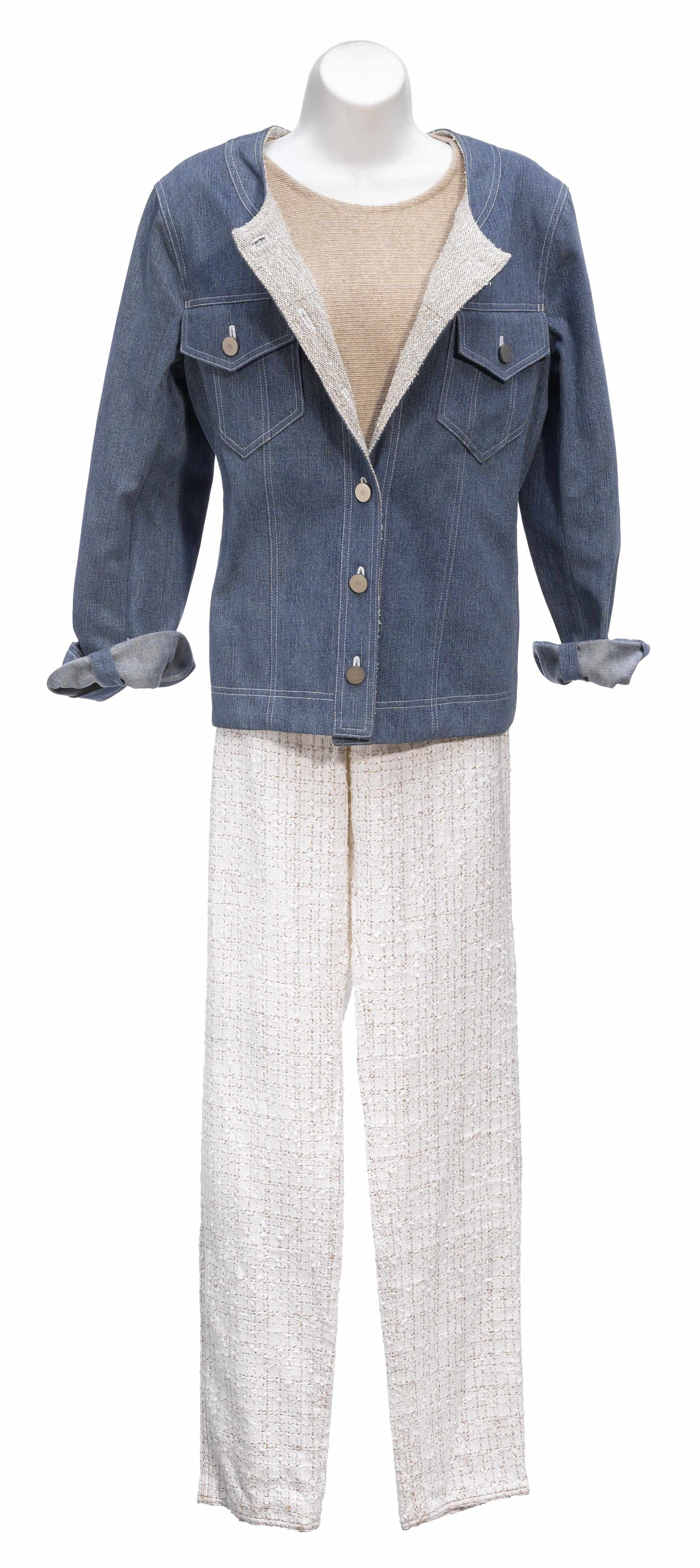 Appraisal: A Chanel denim jacket size together with a tan cashmere