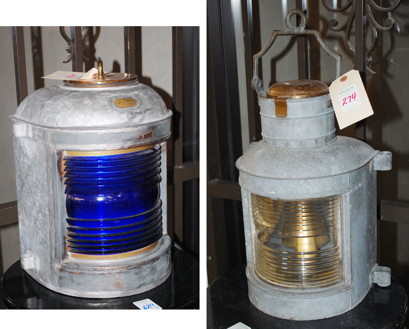 Appraisal: TWO BRASS AND GALVANIZED METAL SHIP STERN LIGHTS blue lens