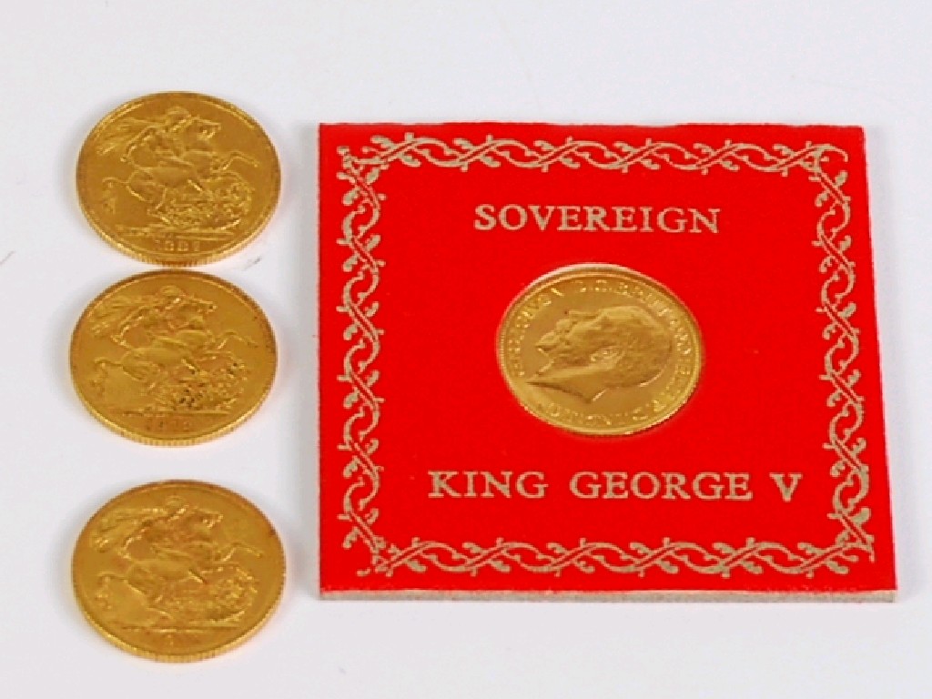 Appraisal: VICTORIAN JUBILEE HEAD GOLD SOVEREIGN AND THREE GEORGE V GOLD