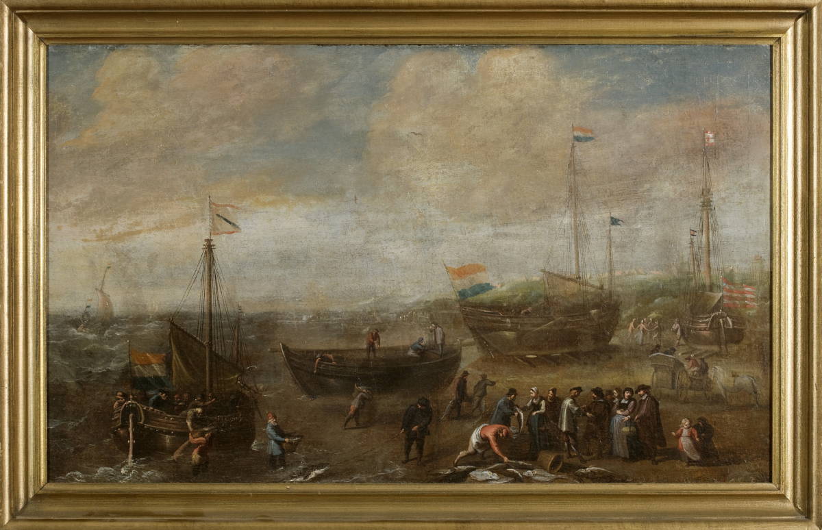 Appraisal: DUTCH COASTAL SCENE WITH FISHING BOATS EIGHTEENTH CENTURY Oil on