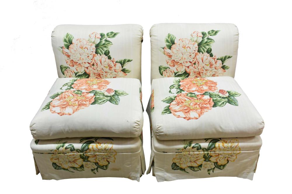 Appraisal: PAIR OF CHINTZ UPHOLSTERED SLIPPER CHAIRSHeight in Width in Cond