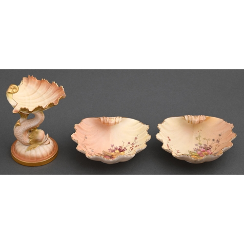 Appraisal: A Royal Worcester shell on dolphin pin tray and pair