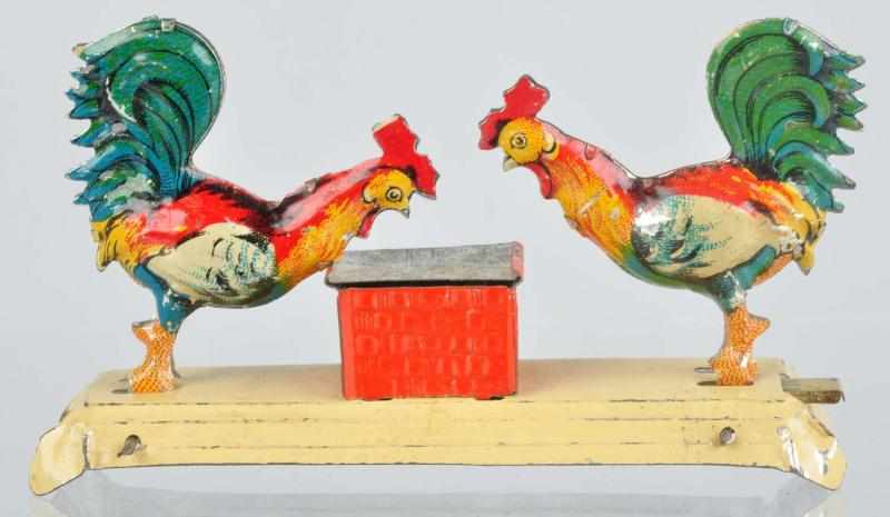 Appraisal: Tin Litho Roosters Pecking Penny Toy German Marked Gesch On