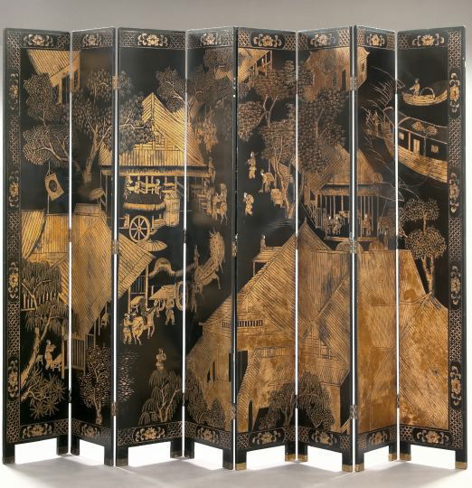 Appraisal: Tall Chinese Eight-Panel Black and Gold Lacquer Coromandel Screen in