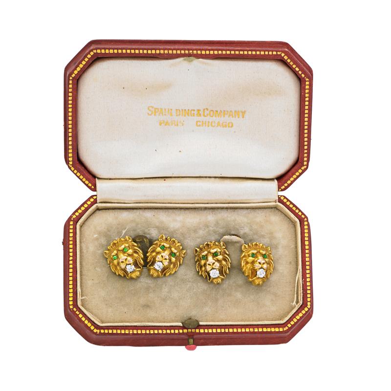 Appraisal: SPAULDING CO JEWELED GOLD LION MASK CUFFLINKS Edwardian k gold