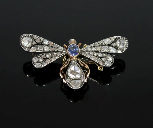 Appraisal: A diamond and sapphire insect brooch with diamond eyes an