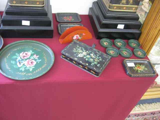 Appraisal: pc Lot of Tole Decorated Tinware includes trays silent butler