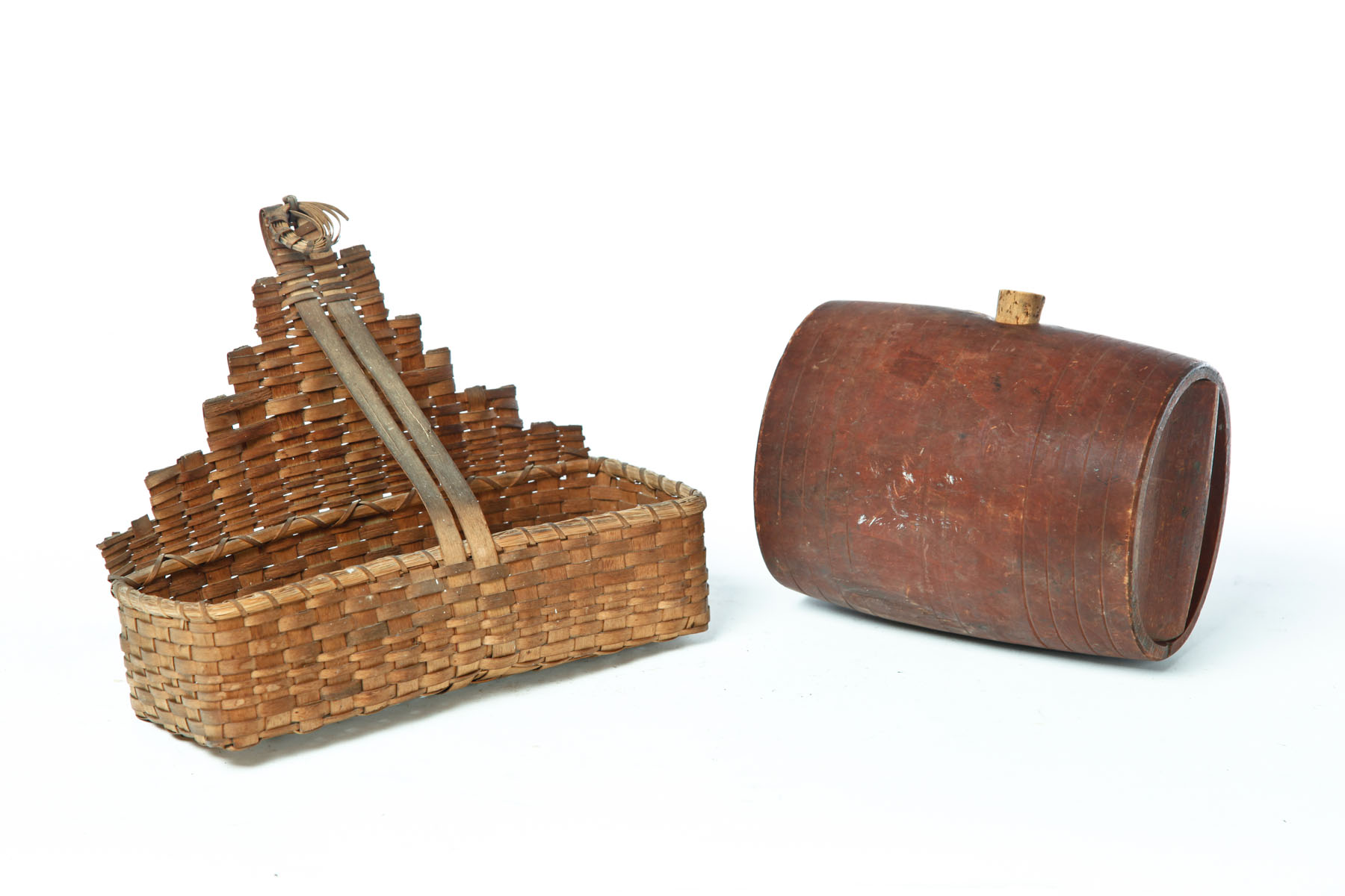 Appraisal: BASKET AND CANTEEN American th century Woven splint loom basket